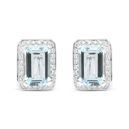 18K White Gold 3/4 Cttw Round Diamond and 13x9mm Emerald Cut Blue Aquamarine Gemstone Halo Omega Stud Earrings (G-H Color, SI1-SI2 Clarity) - Bijoux-NYC Direct
