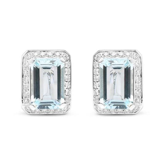 18K White Gold 3/4 Cttw Round Diamond and 13x9mm Emerald Cut Blue Aquamarine Gemstone Halo Omega Stud Earrings (G-H Color, SI1-SI2 Clarity) - Bijoux-NYC Direct