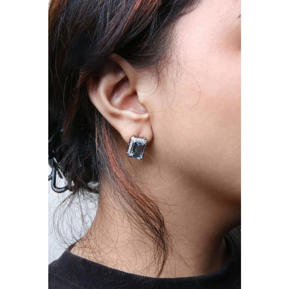 18K White Gold 3/4 Cttw Round Diamond and 13x9mm Emerald Cut Blue Aquamarine Gemstone Halo Omega Stud Earrings (G-H Color, SI1-SI2 Clarity) - Bijoux-NYC Direct