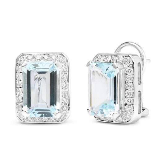 18K White Gold 3/4 Cttw Round Diamond and 13x9mm Emerald Cut Blue Aquamarine Gemstone Halo Omega Stud Earrings (G-H Color, SI1-SI2 Clarity) - Bijoux-NYC Direct