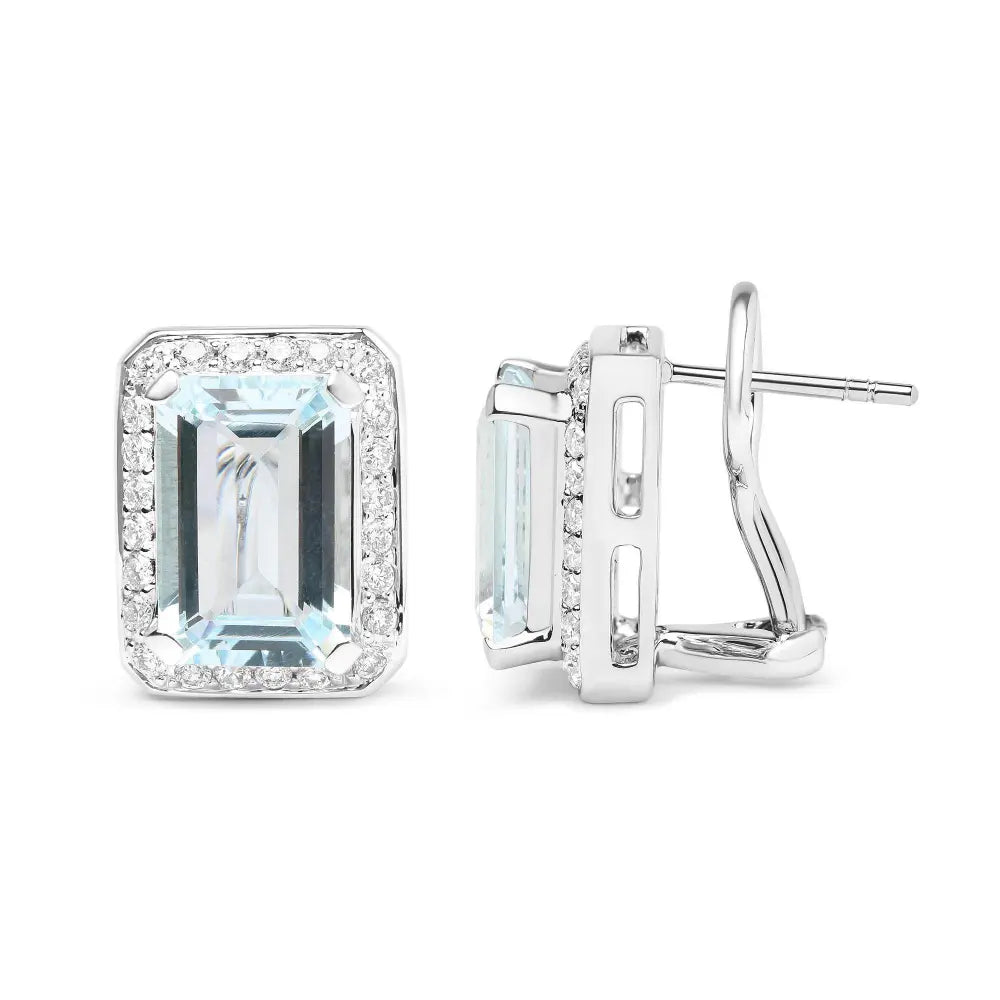 18K White Gold 3/4 Cttw Round Diamond and 13x9mm Emerald Cut Blue Aquamarine Gemstone Halo Omega Stud Earrings (G-H Color, SI1-SI2 Clarity) - Bijoux-NYC Direct