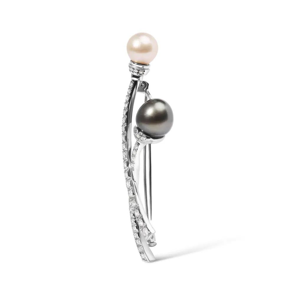 18K White Gold 3/5 Cttw Diamond and Cultured South Sea Black and White Pearl Brooch Pin (H-I Color, VS1-VS2 Clarity) - Bijoux-NYC Direct