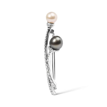 18K White Gold 3/5 Cttw Diamond and Cultured South Sea Black and White Pearl Brooch Pin (H-I Color, VS1-VS2 Clarity) - Bijoux-NYC Direct