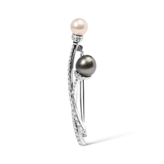 18K White Gold 3/5 Cttw Diamond and Cultured South Sea Black and White Pearl Brooch Pin (H-I Color, VS1-VS2 Clarity) - Bijoux-NYC Direct