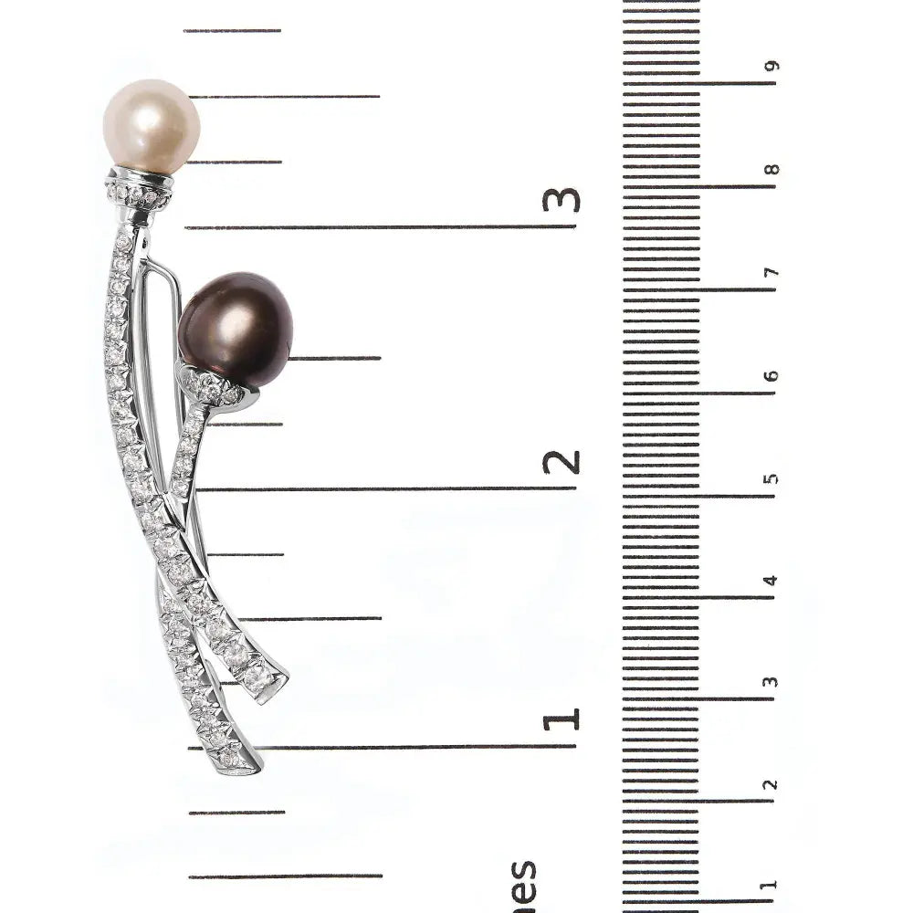 18K White Gold 3/5 Cttw Diamond and Cultured South Sea Black and White Pearl Brooch Pin (H-I Color, VS1-VS2 Clarity) - Bijoux-NYC Direct