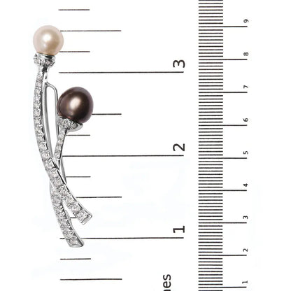 18K White Gold 3/5 Cttw Diamond and Cultured South Sea Black and White Pearl Brooch Pin (H-I Color, VS1-VS2 Clarity) - Bijoux-NYC Direct