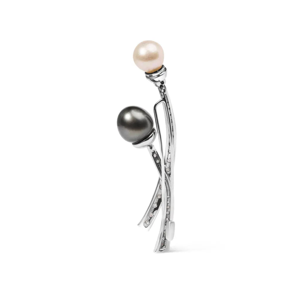 18K White Gold 3/5 Cttw Diamond and Cultured South Sea Black and White Pearl Brooch Pin (H-I Color, VS1-VS2 Clarity) - Bijoux-NYC Direct