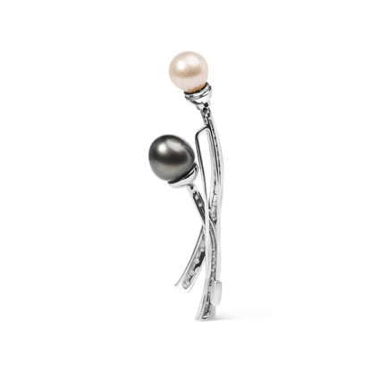 18K White Gold 3/5 Cttw Diamond and Cultured South Sea Black and White Pearl Brooch Pin (H-I Color, VS1-VS2 Clarity) - Bijoux-NYC Direct