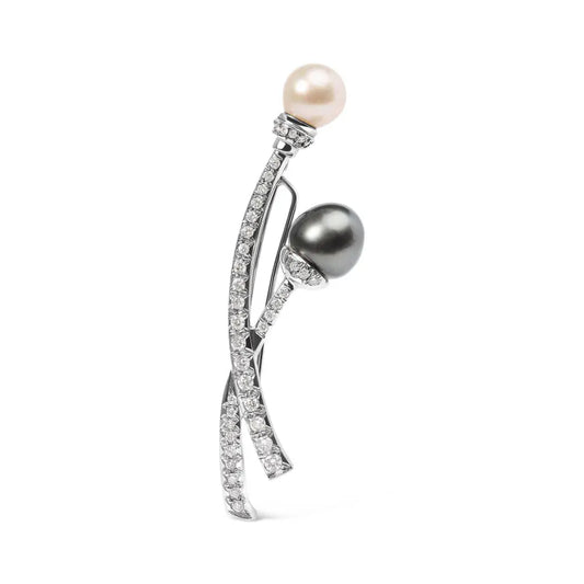 18K White Gold 3/5 Cttw Diamond and Cultured South Sea Black and White Pearl Brooch Pin (H-I Color, VS1-VS2 Clarity) - Bijoux-NYC Direct