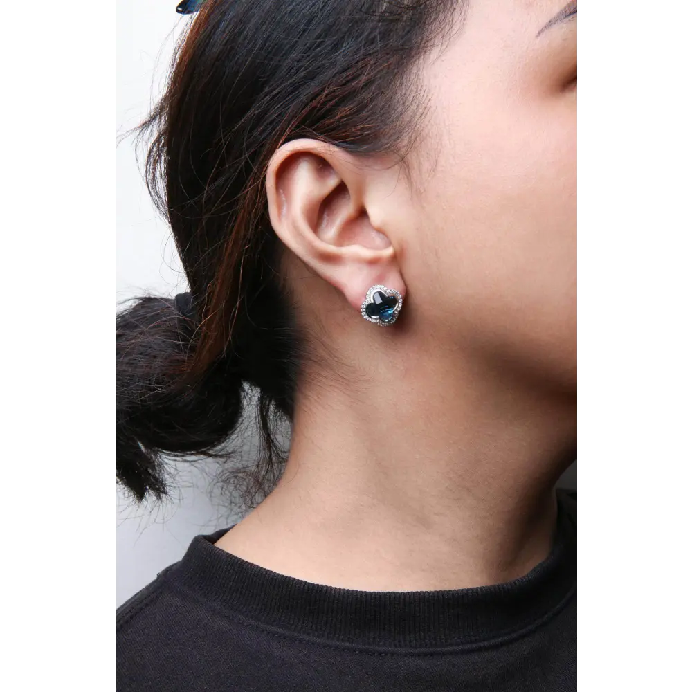 18K White Gold 3/8 Cttw Diamond and 11x11mm Clover-Cut London Blue Topaz Gemstone Halo Clover Stud Earrings (G-H Color, SI1-SI2 Clarity) - Bijoux-NYC Direct