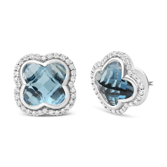 18K White Gold 3/8 Cttw Diamond and 11x11mm Clover-Cut London Blue Topaz Gemstone Halo Clover Stud Earrings (G-H Color, SI1-SI2 Clarity) - Bijoux-NYC Direct