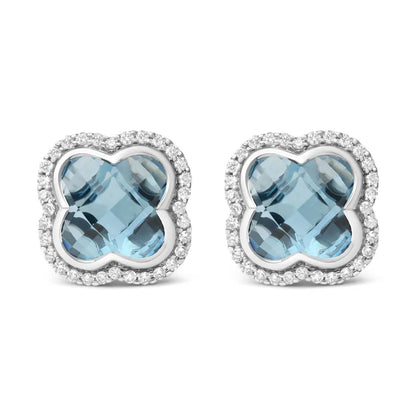 18K White Gold 3/8 Cttw Diamond and 11x11mm Clover-Cut London Blue Topaz Gemstone Halo Clover Stud Earrings (G-H Color, SI1-SI2 Clarity) - Bijoux-NYC Direct