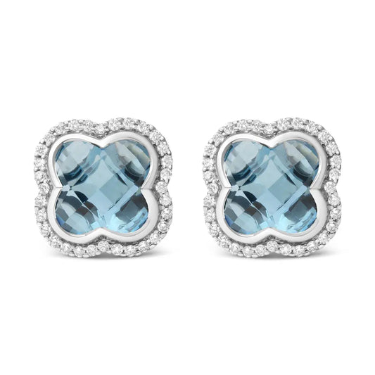 18K White Gold 3/8 Cttw Diamond and 11x11mm Clover-Cut London Blue Topaz Gemstone Halo Clover Stud Earrings (G-H Color, SI1-SI2 Clarity) - Bijoux-NYC Direct