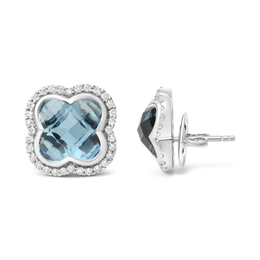 18K White Gold 3/8 Cttw Diamond and 11x11mm Clover-Cut London Blue Topaz Gemstone Halo Clover Stud Earrings (G-H Color, SI1-SI2 Clarity) - Bijoux-NYC Direct