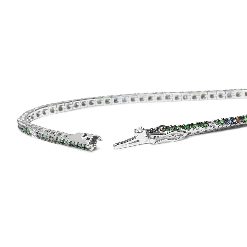 18K White Gold 3/8 Cttw Diamond with Blue Sapphire and Green Tsavorite Gemstone Multi-Colored Tennis Bracelet (Brown and G-H Color, SI1-SI2 Clarity) - Size 7" - Bijoux-NYC Direct