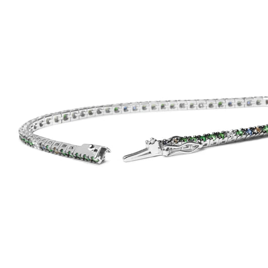 18K White Gold 3/8 Cttw Diamond with Blue Sapphire and Green Tsavorite Gemstone Multi-Colored Tennis Bracelet (Brown and G-H Color, SI1-SI2 Clarity) - Size 7" - Bijoux-NYC Direct