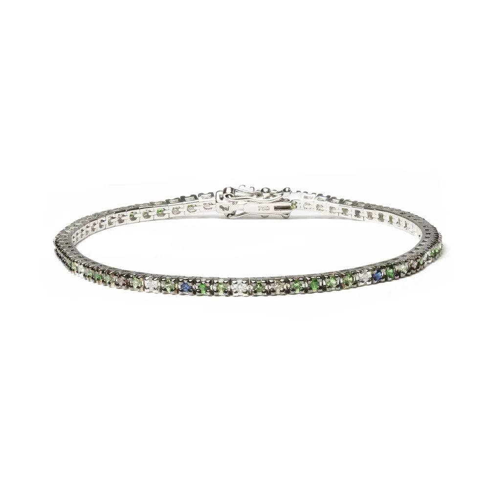 18K White Gold 3/8 Cttw Diamond with Blue Sapphire and Green Tsavorite Gemstone Multi-Colored Tennis Bracelet (Brown and G-H Color, SI1-SI2 Clarity) - Size 7" - Bijoux-NYC Direct