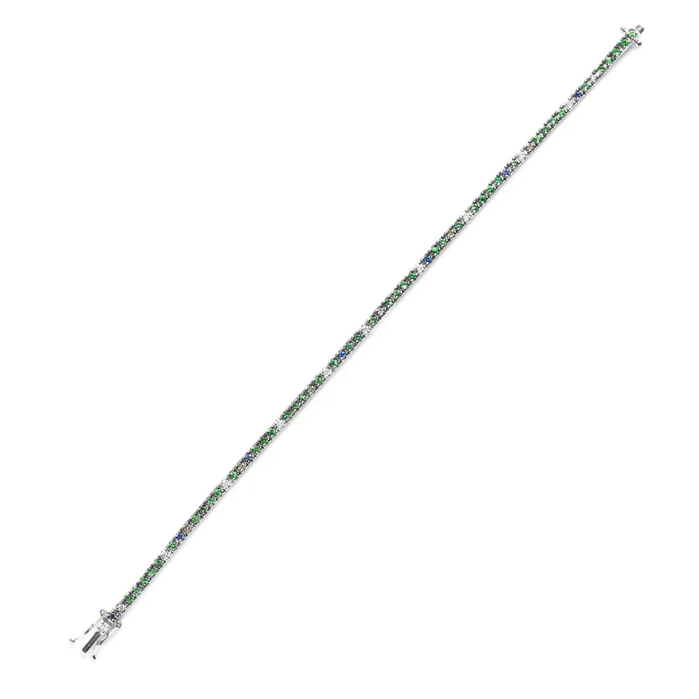 18K White Gold 3/8 Cttw Diamond with Blue Sapphire and Green Tsavorite Gemstone Multi-Colored Tennis Bracelet (Brown and G-H Color, SI1-SI2 Clarity) - Size 7" - Bijoux-NYC Direct