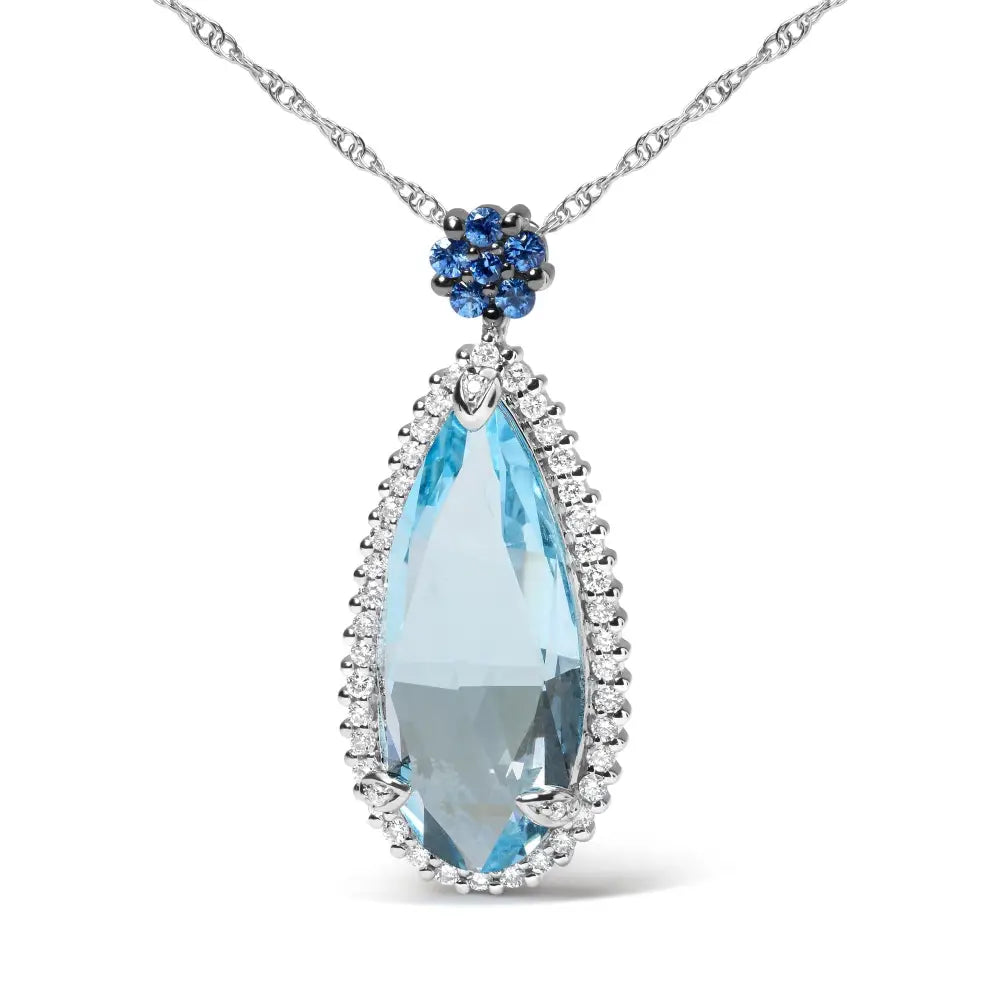18k white gold topaz and sapphire floral teardrop halo pendant necklace bijoux-nyc direct