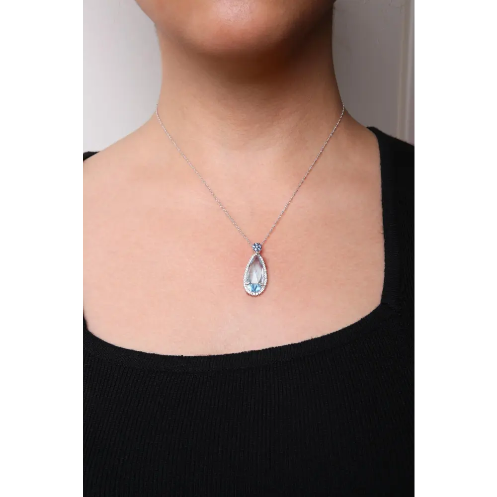 18K White Gold 3/8 Cttw Pave Set Diamond and Sky Blue Topaz and Blue Sapphire Gemstone Floral Teardrop Halo 18" Pendant Necklace (G-H Color, SI2-I1 Clarity) - Bijoux-NYC Direct
