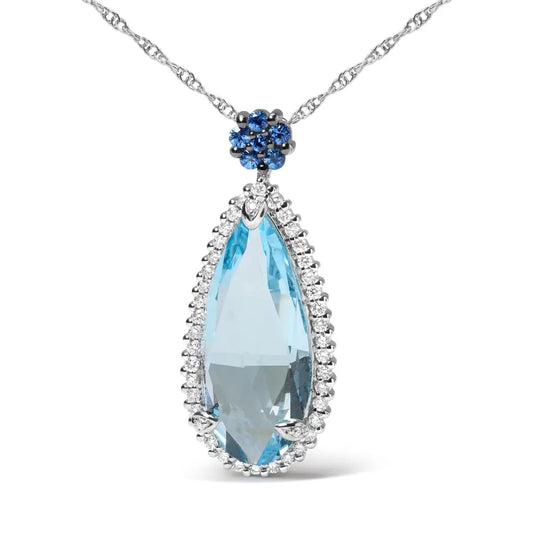 18K White Gold 3/8 Cttw Pave Set Diamond and Sky Blue Topaz and Blue Sapphire Gemstone Floral Teardrop Halo 18" Pendant Necklace (G-H Color, SI2-I1 Clarity) - Bijoux-NYC Direct