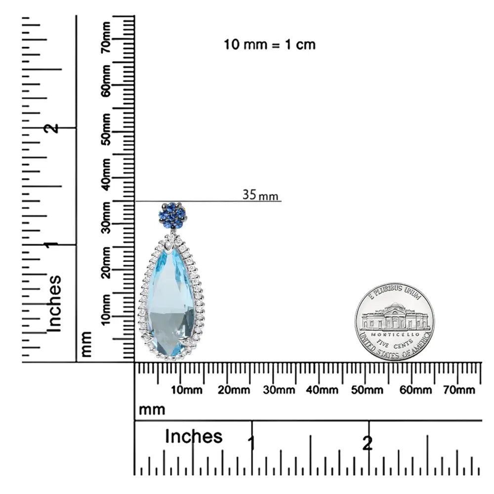 18K White Gold 3/8 Cttw Pave Set Diamond and Sky Blue Topaz and Blue Sapphire Gemstone Floral Teardrop Halo 18" Pendant Necklace (G-H Color, SI2-I1 Clarity) - Bijoux-NYC Direct