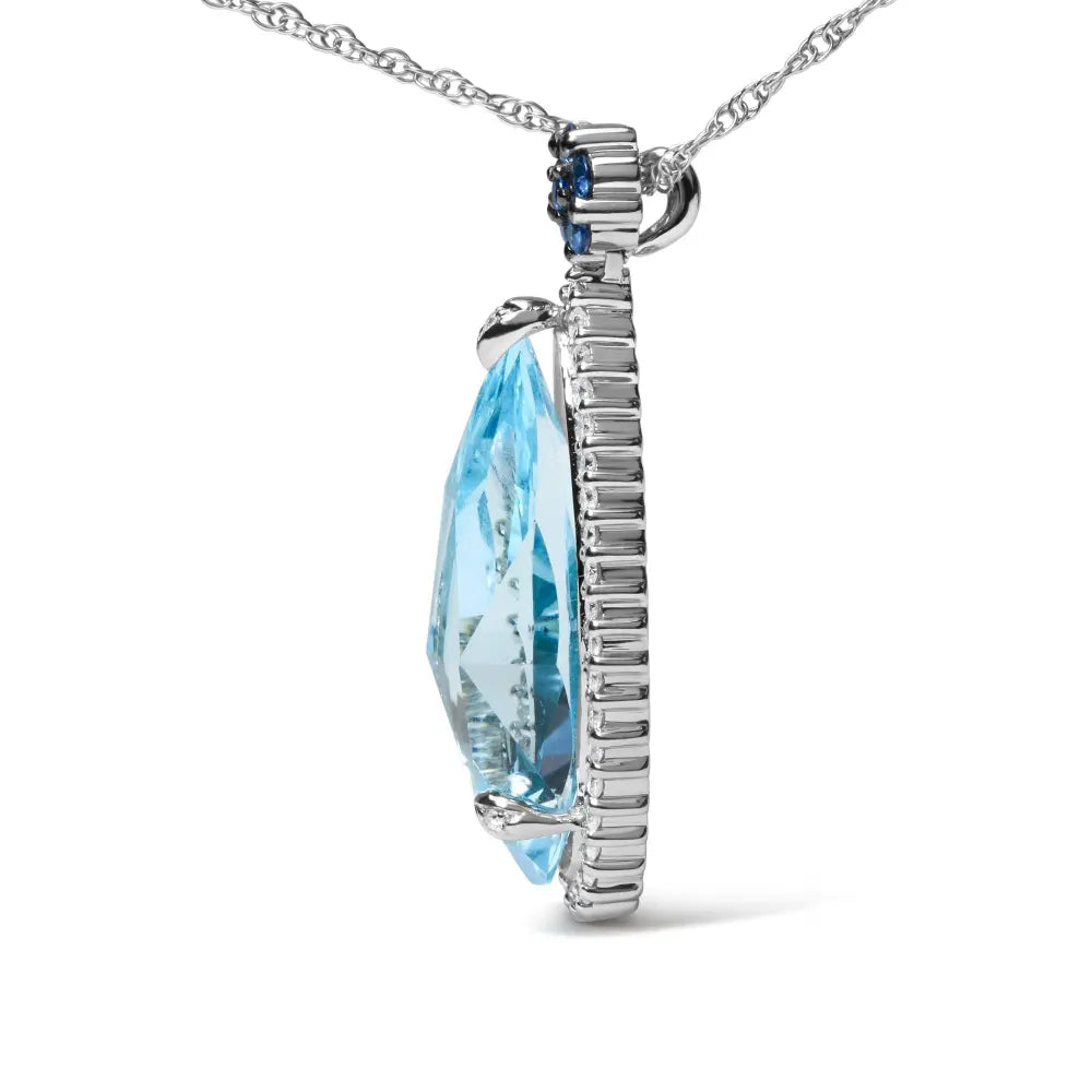 18K White Gold 3/8 Cttw Pave Set Diamond and Sky Blue Topaz and Blue Sapphire Gemstone Floral Teardrop Halo 18" Pendant Necklace (G-H Color, SI2-I1 Clarity) - Bijoux-NYC Direct