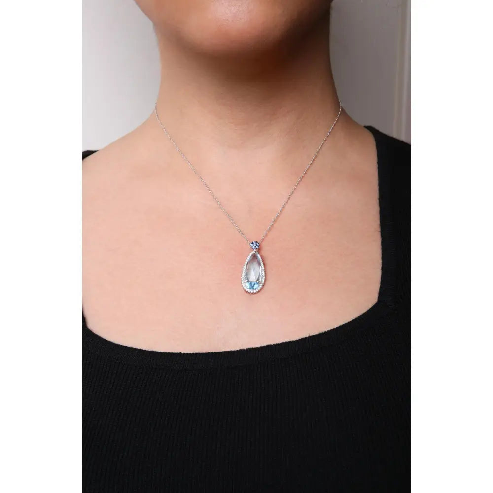 18k white gold topaz and sapphire floral teardrop halo pendant necklace bijoux-nyc direct