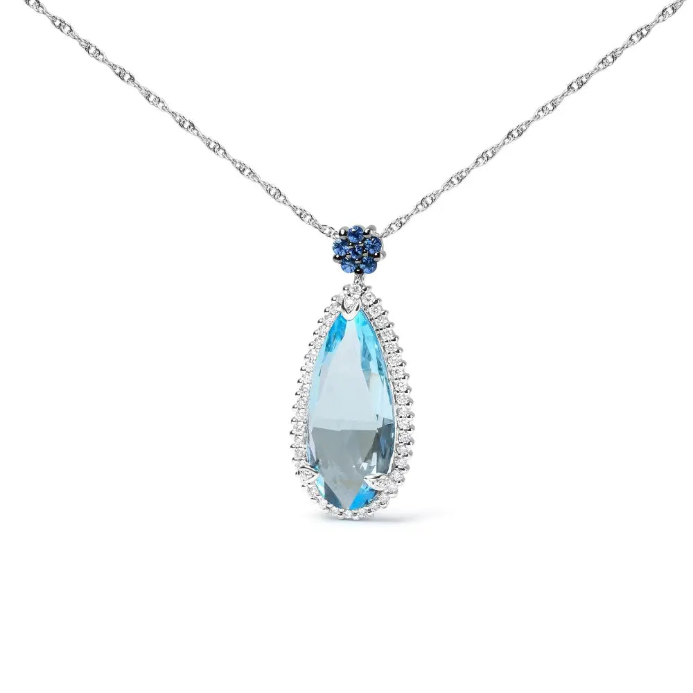 18K White Gold 3/8 Cttw Pave Set Diamond and Sky Blue Topaz and Blue Sapphire Gemstone Floral Teardrop Halo 18" Pendant Necklace (G-H Color, SI2-I1 Clarity) - Bijoux-NYC Direct