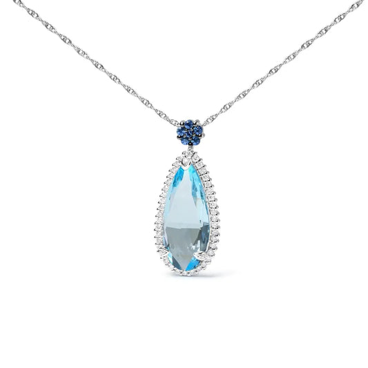 18K White Gold 3/8 Cttw Pave Set Diamond and Sky Blue Topaz and Blue Sapphire Gemstone Floral Teardrop Halo 18" Pendant Necklace (G-H Color, SI2-I1 Clarity) - Bijoux-NYC Direct