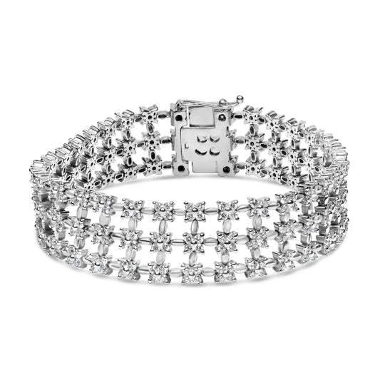 18k white gold 7 1/2 cttw diamond 3 row floral link bracelet (g h color vs1 vs2 clarity) ’ inches bracelets/bracelet/link