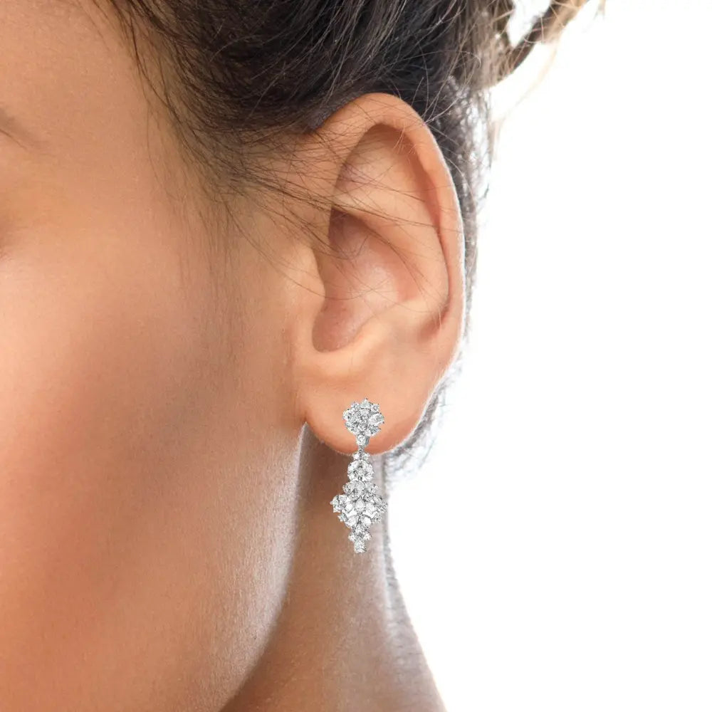 18K White Gold 9 1/2 Cttw Diamond Cluster Drop Dangle Clip-On Earrings (F-G Color, VS1-VS2 Clarity) - Bijoux-NYC Direct