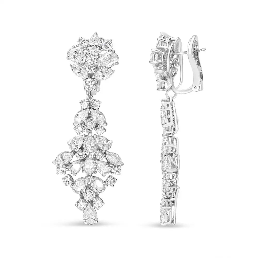 18K White Gold 9 1/2 Cttw Diamond Cluster Drop Dangle Clip-On Earrings (F-G Color, VS1-VS2 Clarity) - Bijoux-NYC Direct
