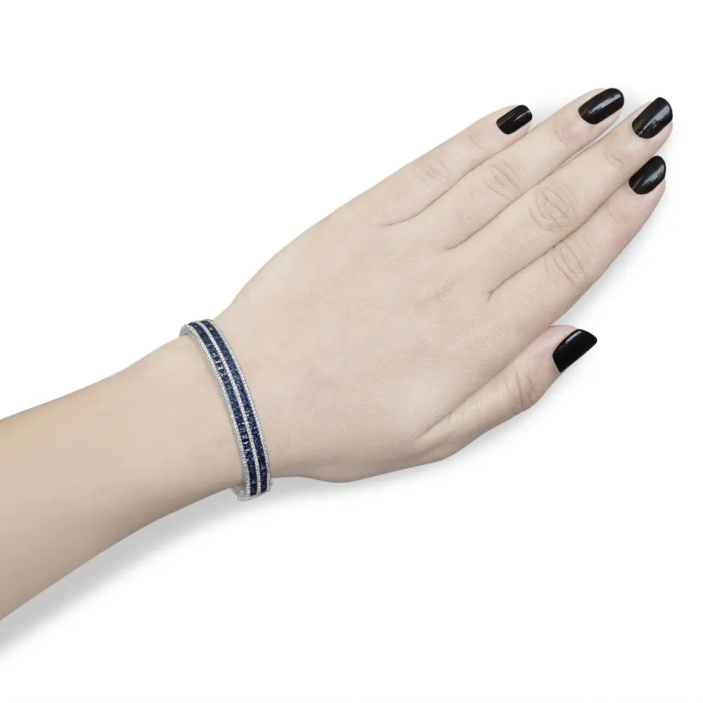 18k white gold alternating diamond and 8.00 cttw princess cut blue sapphire multi row bangle bracelet (g h color vs1 vs2 clarity)