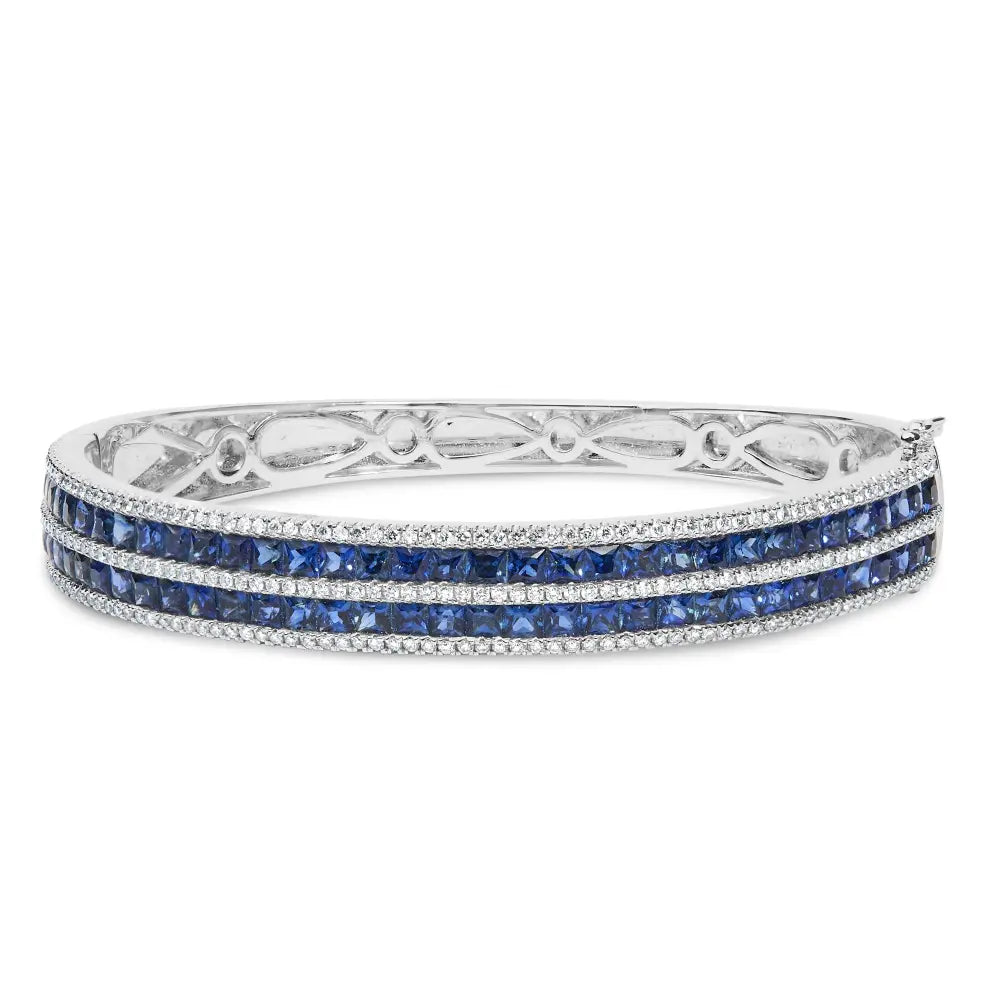 18k white gold alternating diamond and 8.00 cttw princess cut blue sapphire multi row bangle bracelet (g h color vs1 vs2 clarity)