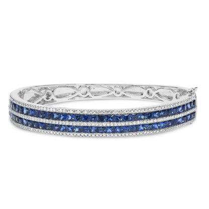 18k white gold alternating diamond and 8.00 cttw princess cut blue sapphire multi row bangle bracelet (g h color vs1 vs2 clarity)