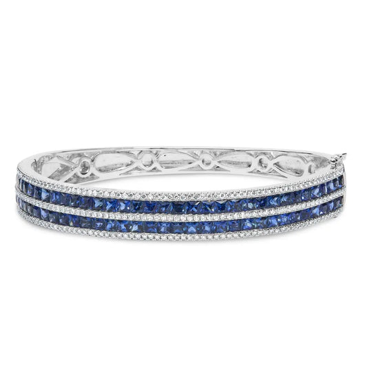 18k white gold alternating diamond and 8.00 cttw princess cut blue sapphire multi row bangle bracelet (g h color vs1 vs2 clarity)