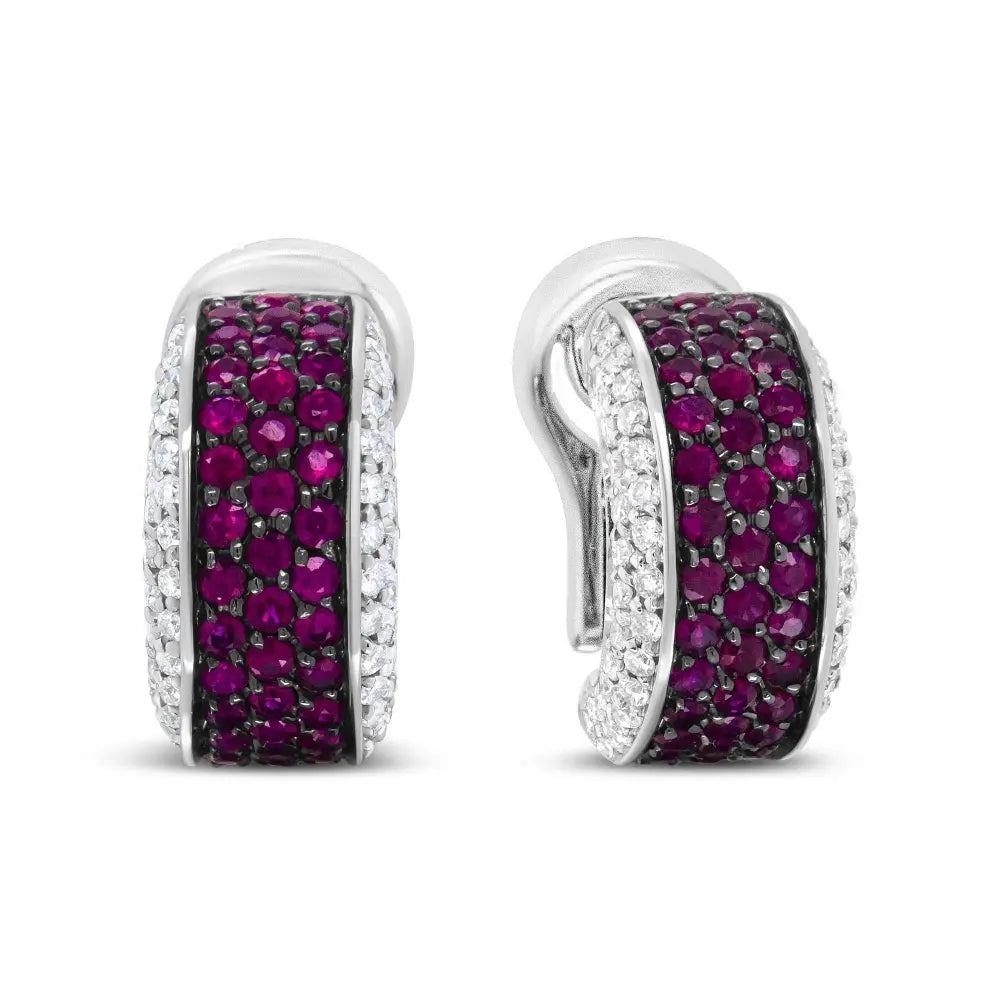 18K White Gold and Black Rhodium Plated 3/4 Cttw Round Diamonds and 1mm Round Red Ruby Huggie Hoop Earrings (F-G Color, VS1-VS2 Clarity) - Bijoux-NYC Direct