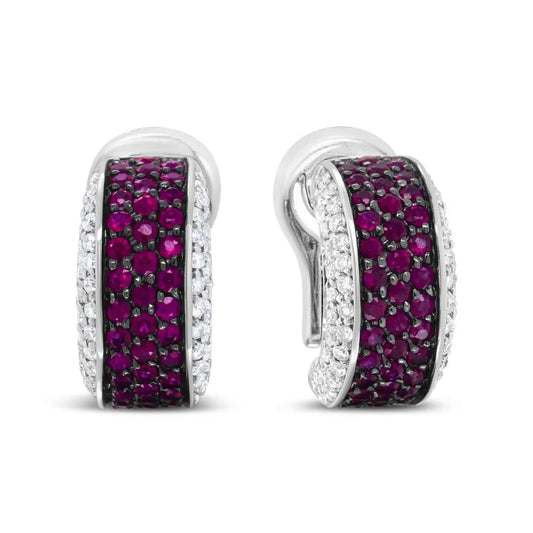 18K White Gold and Black Rhodium Plated 3/4 Cttw Round Diamonds and 1mm Round Red Ruby Huggie Hoop Earrings (F-G Color, VS1-VS2 Clarity) - Bijoux-NYC Direct