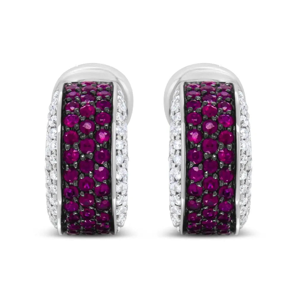 18K White Gold and Black Rhodium Plated 3/4 Cttw Round Diamonds and 1mm Round Red Ruby Huggie Hoop Earrings (F-G Color, VS1-VS2 Clarity) - Bijoux-NYC Direct