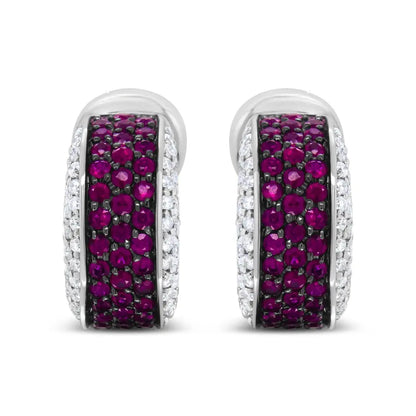 18K White Gold and Black Rhodium Plated 3/4 Cttw Round Diamonds and 1mm Round Red Ruby Huggie Hoop Earrings (F-G Color, VS1-VS2 Clarity) - Bijoux-NYC Direct