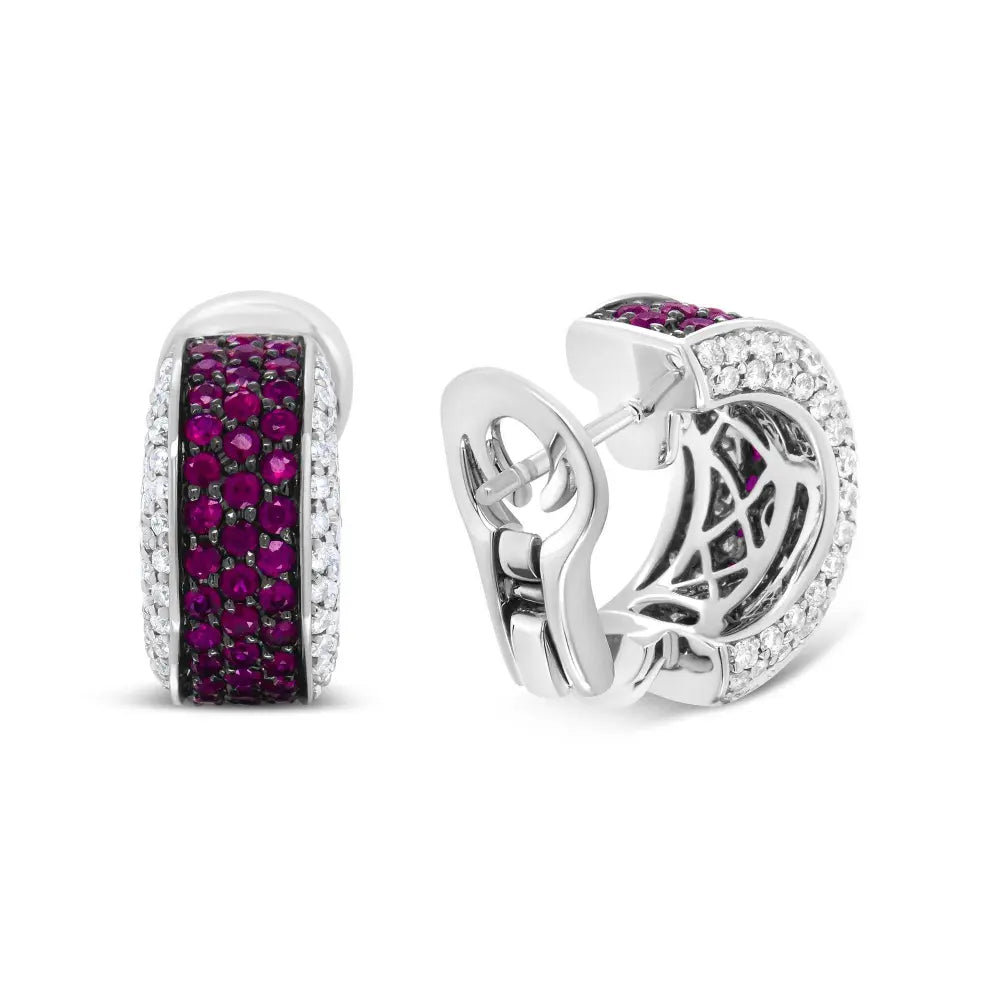 18K White Gold and Black Rhodium Plated 3/4 Cttw Round Diamonds and 1mm Round Red Ruby Huggie Hoop Earrings (F-G Color, VS1-VS2 Clarity) - Bijoux-NYC Direct