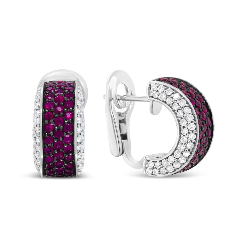 18K White Gold and Black Rhodium Plated 3/4 Cttw Round Diamonds and 1mm Round Red Ruby Huggie Hoop Earrings (F-G Color, VS1-VS2 Clarity) - Bijoux-NYC Direct