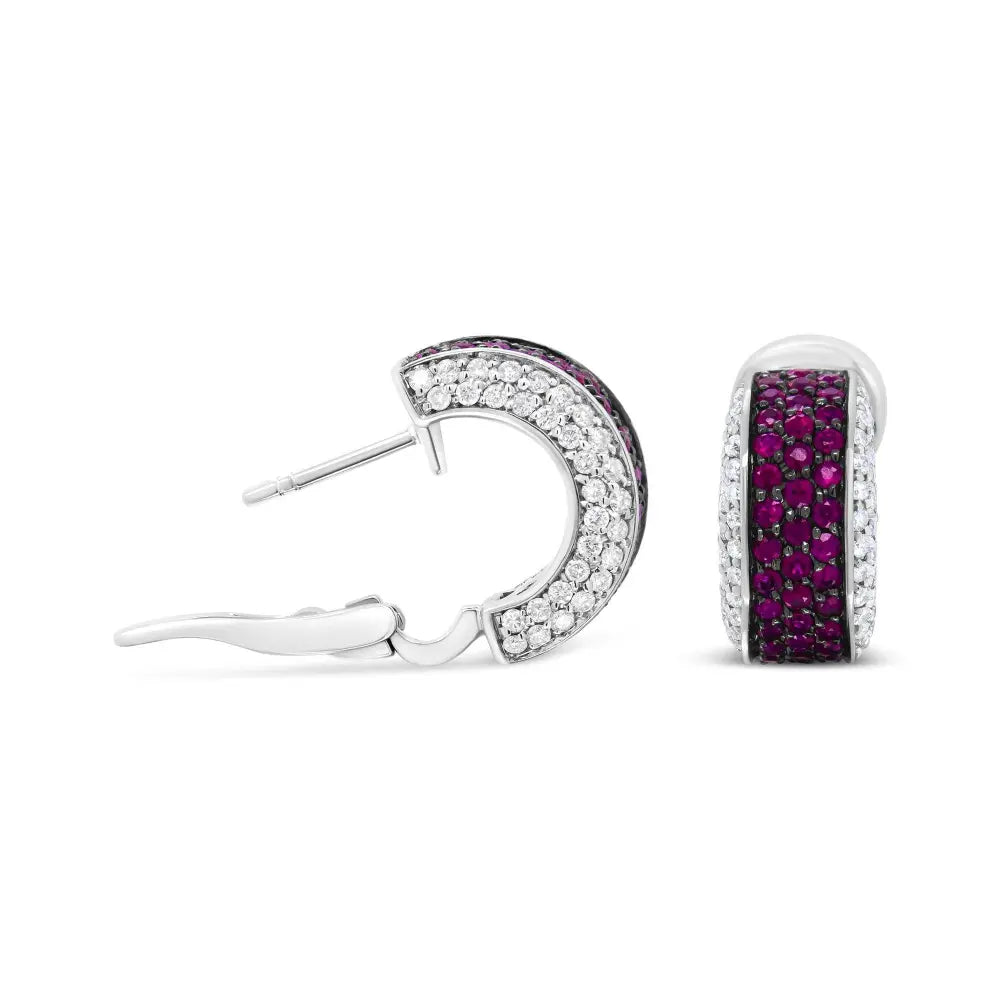18K White Gold and Black Rhodium Plated 3/4 Cttw Round Diamonds and 1mm Round Red Ruby Huggie Hoop Earrings (F-G Color, VS1-VS2 Clarity) - Bijoux-NYC Direct