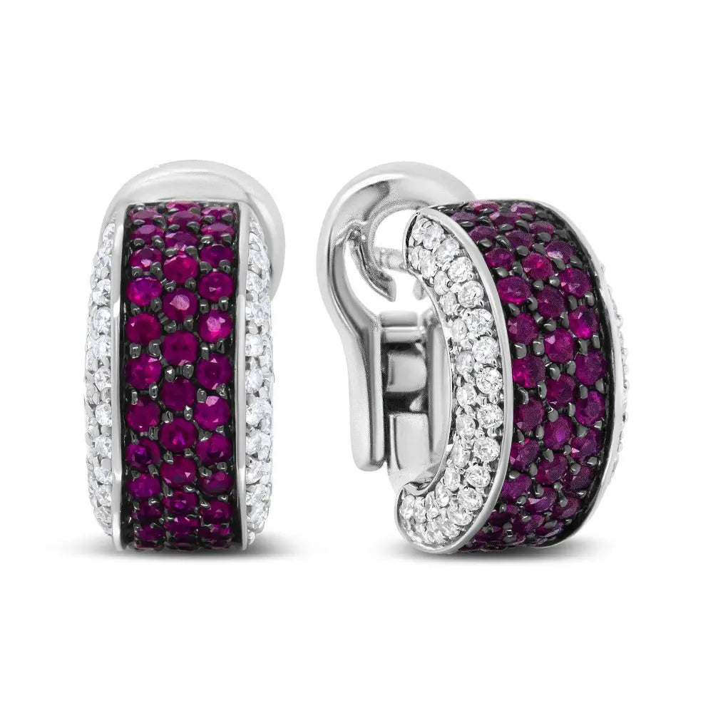 18K White Gold and Black Rhodium Plated 3/4 Cttw Round Diamonds and 1mm Round Red Ruby Huggie Hoop Earrings (F-G Color, VS1-VS2 Clarity) - Bijoux-NYC Direct