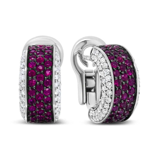 18K White Gold and Black Rhodium Plated 3/4 Cttw Round Diamonds and 1mm Round Red Ruby Huggie Hoop Earrings (F-G Color, VS1-VS2 Clarity) - Bijoux-NYC Direct