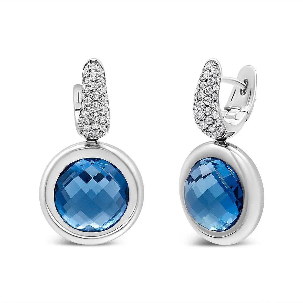 18K White Gold Bezel Set 11mm Blue Topaz and 1/2 Cttw Invisible Set Diamond Bale Dangle Earrings (F-G Color, VS1-VS2 Clarity) - Bijoux-NYC Direct