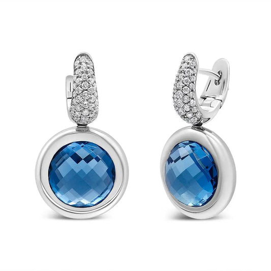 18K White Gold Bezel Set 11mm Blue Topaz and 1/2 Cttw Invisible Set Diamond Bale Dangle Earrings (F-G Color, VS1-VS2 Clarity) - Bijoux-NYC Direct