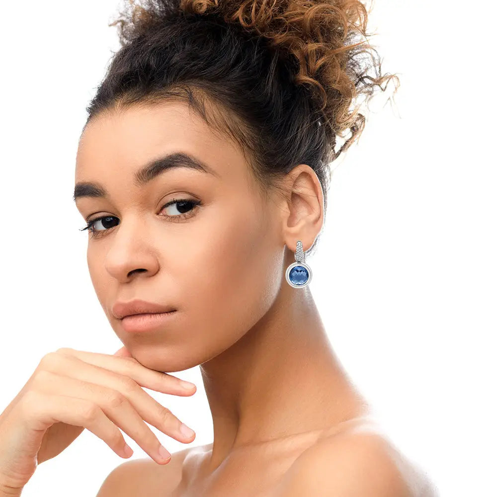 18k white gold 11mm blue topaz and 1/2 cttw diamond dangle earrings bijoux-nyc direct