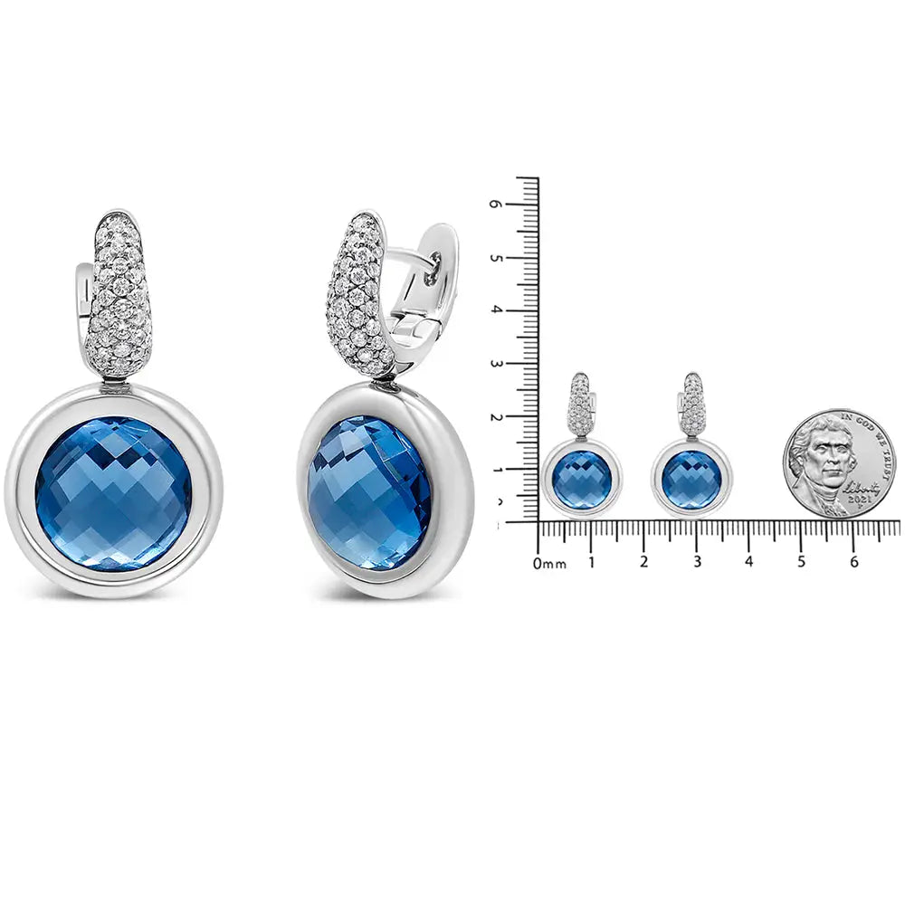 18k white gold 11mm blue topaz and 1/2 cttw diamond dangle earrings bijoux-nyc direct
